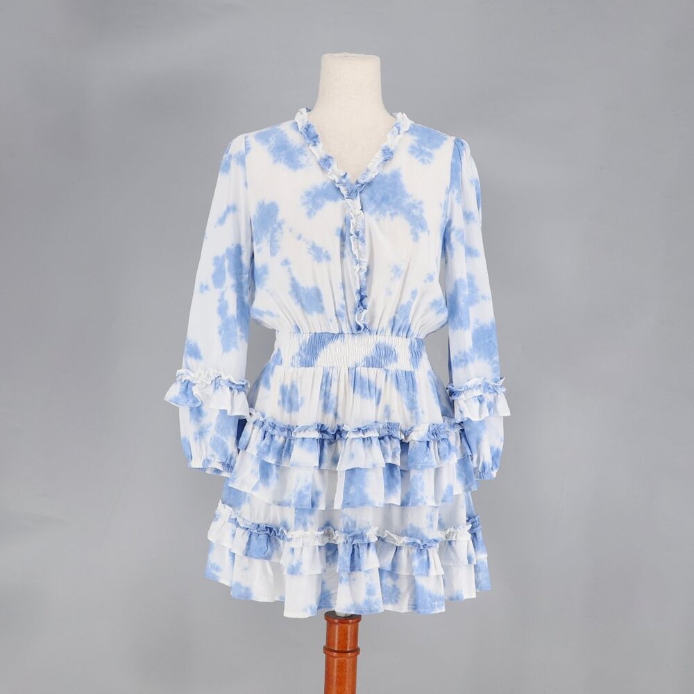 CAKE FOR DINNER Meadow Blue Tie Dye Ruffle Tiered Flowy Mini Dress Size S